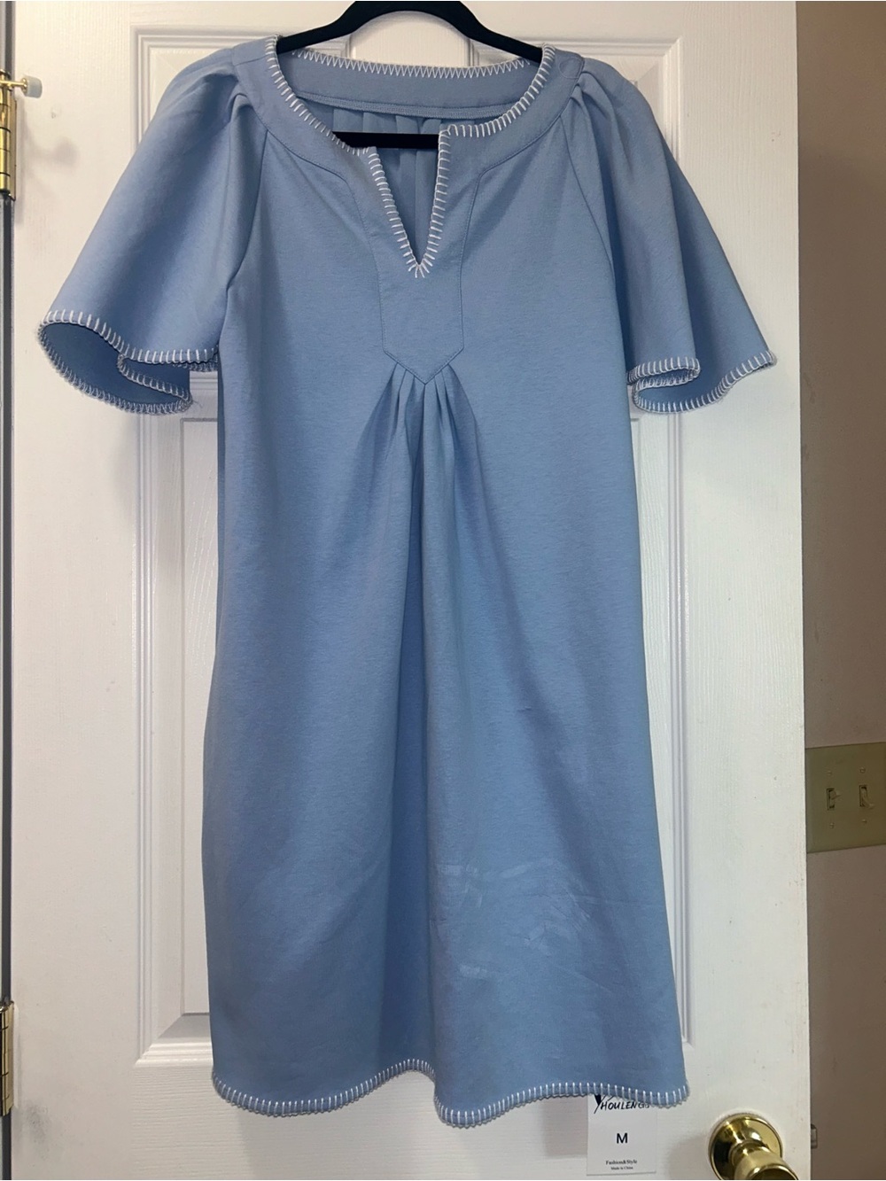 Sky Blue Short Sleeve Casual Dress with Contrast Whipstitch